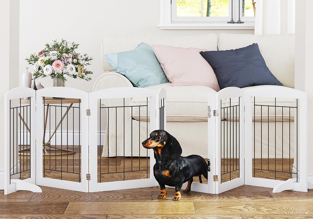 PAWLAND 6 Panels Dog Gate Indoor with Walk Through Door, Foldable FreeStanding Pet Gate for Doorways, Stairs, the Houes, Pet Puppy Safety Fence, 120 in Extra Wide, Support Feet Included, White