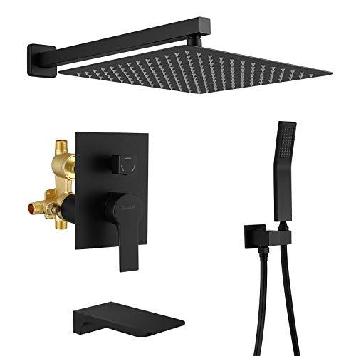 SHAMANDA Shower System with Waterfall Tub Spout and Handheld Shower Head, 12" Rain Shower Faucet Sets Complete with Shower Round-in Valve and Trim, Wall Mounted, Matte Black, L1001-7