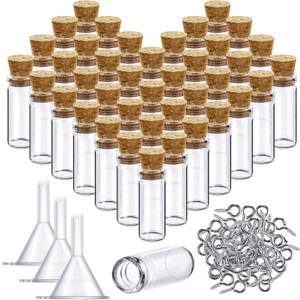 Yungyan 50 Pieces Small Mini Glass Bottles Jars with Cork Stoppers Set, Tiny Cork Glass Bottles with Eye Screws and Small Funnel for Decoration, Art Crafts, DIY Projects, Party Favors(5ml)