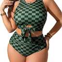 SOLY HUX Women's Plus Size Swimsuit Plaid Checkered Tie Front High Waisted Bikini Set Two Piece Bathing Suit (XX-Large Plus)