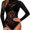 Avidlove Long Sleeve Bodysuit for Women Turtleneck Sheer Mesh Bodysuit Geo Print Leotards XL