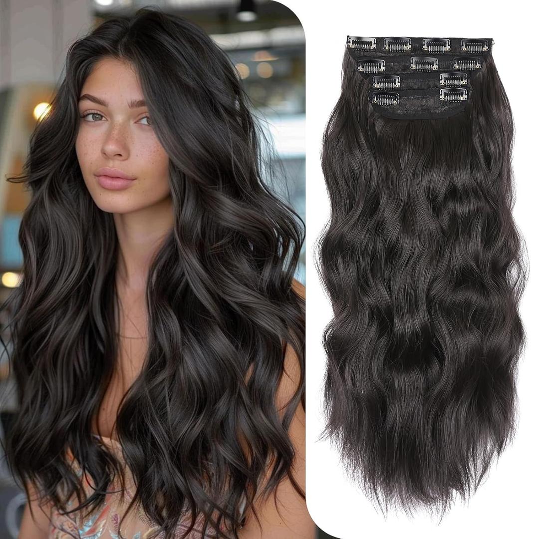 Clip-in Hair Extensions for Women 20 Inch 4PCS Long Wavy Black Brown Hairpieces Synthetic Hair Extensions Thick Natural & Soft Hairpieces Fiber for Women