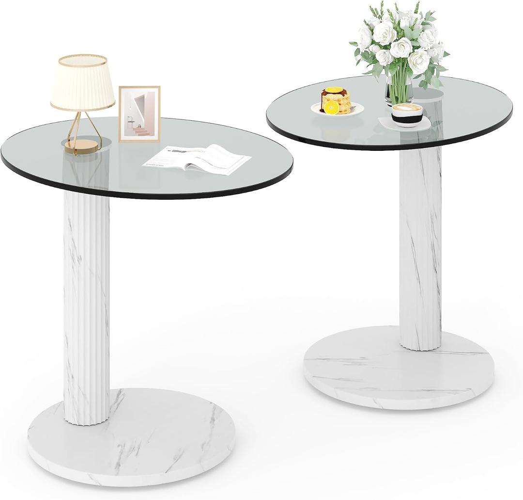 Hooseng Glass Side Table Set of 2, Modern Round Tempered Glass End Table, 22-Inch Round Coffee Table, Small Table Suitable for Small Space, Living Room, Bedroom, round, 21.6-inch diameter x 4.33-inch height