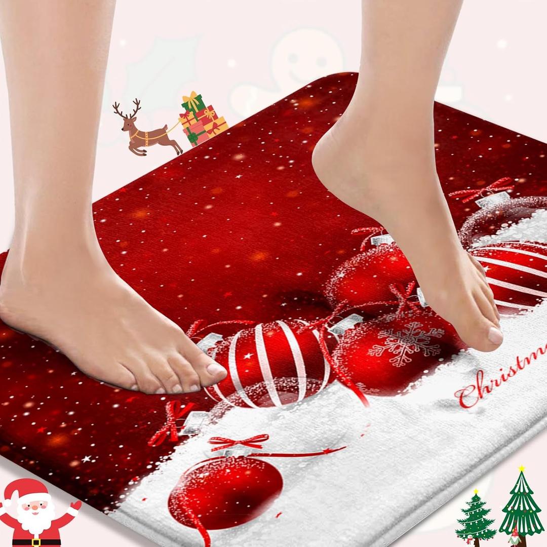 Britimes Christmas Balls Bath Mat for Bathroom, Red Washable Cover Floor Rug Carpets Floor Mat Bathroom Decorations 18x30 Inches for Kitchen Bedroom (1'6" x 2'6" (Rectangular))