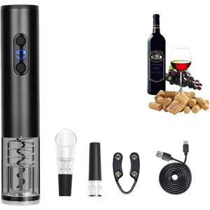 Electric Wine Bottle Opener Set  Rechargeable Corkscrew with Foil Cutter, Wine Pourer & Vacuum Stopper  One-Touch Automatic Wine Opener Wine Accessories  Perfect Wine Gifts for Wine Lovers (Dark Black)