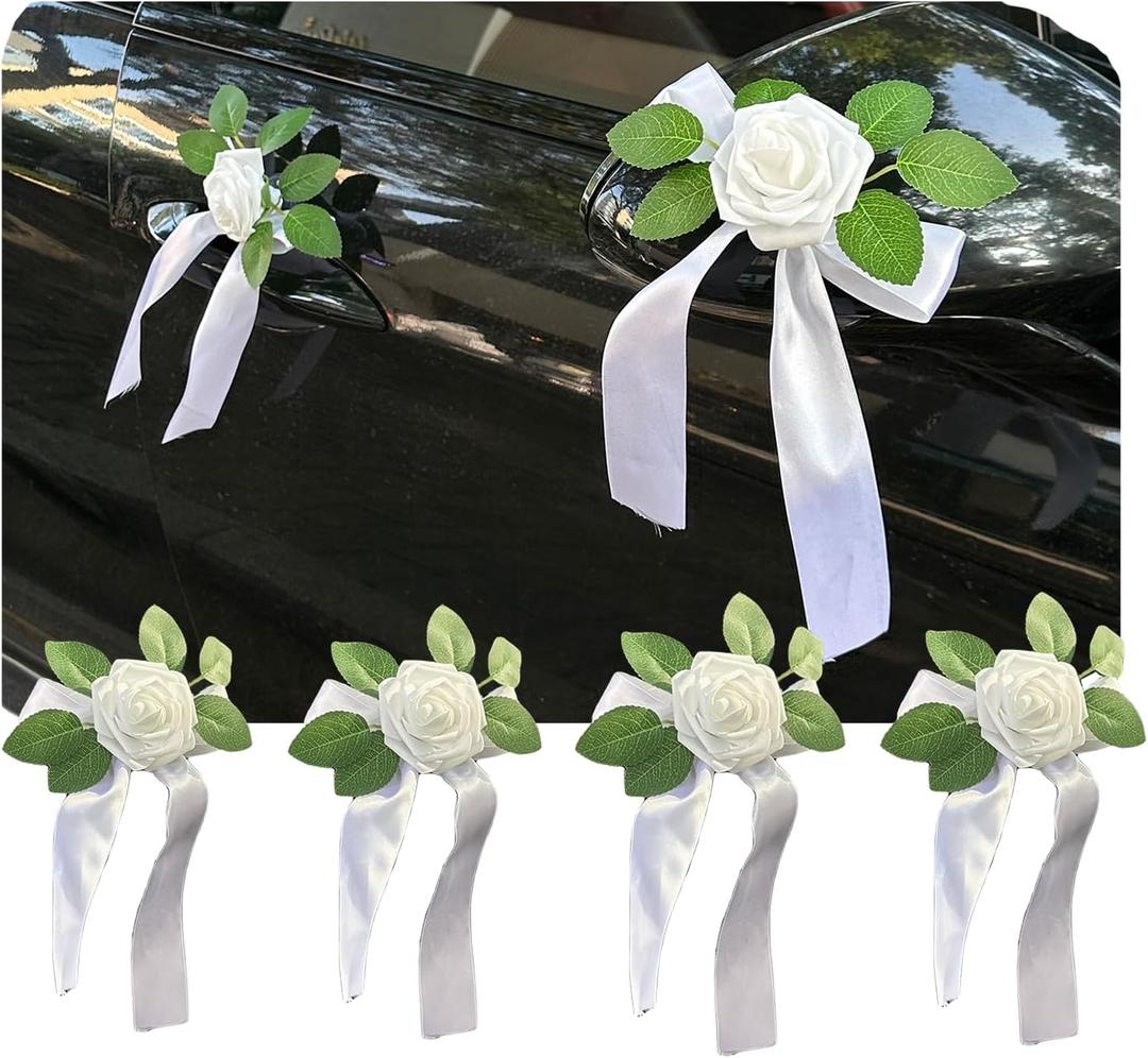 4Pack Wedding Car Door Handle Flowers with Suction Cups  Artificial Silk Floral Decorations with White Satin Bows for Bridal Shower, Just Married Decor, Vintage or Modern Cars