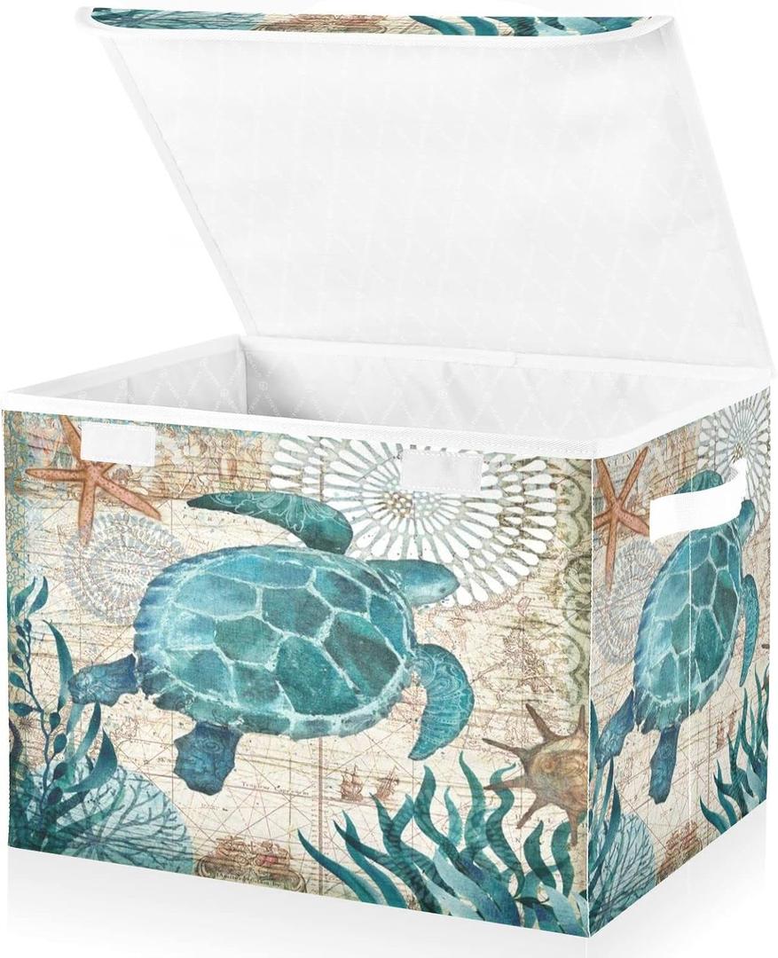 Senya Large Storage Bins with Linen Collapsible Foldable Storage Cubes Fabric Closet Organizer Containers box with Flip-Top Lid for Home Bedroom Office 16.7 x 12.6 x 11.8in (Sea Turtle)