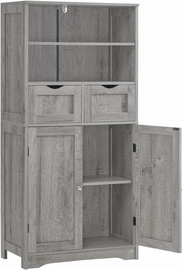 Iwell Storage Cabinet with 2 Drawers & Adjustable Shelf, Tall Bathroom Cabinet with Doors, Cupboard, Kitchen Cabinets for Living Room, Dining Room, Entryway, Grey, 49.6''H
