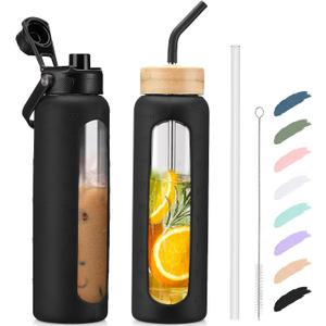 Kodrine Water Bottle with Straw, 24 oz Glass water Bottle with 2 Lids Bamboo Straw Lid and Spout Lid with Handle, 32 oz Clear Water Bottle Glass for Sports Travel, Waterbottle with Time Marker