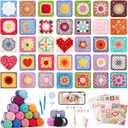 Katech Crochet Kit for Beginners, 50 Granny Squares Crochet Kits for Adults Beginner Learn to Crochets w/Step-by-Step Video Tuturials, Knitting Kit w/1378yds Yarn Granny Square Card Deck- 80% Cotton