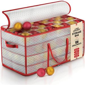 Plastic Large Christmas Ornament Storage Box with Adjustable Dividers, Organizer Holds 128 Large 3" Ornaments, Balls, Figurines Waterproof Holiday Decoration Container, Dual Zipper, Reinforced Handles (Frosted - Red) 25.5"x12.7"x13.5"