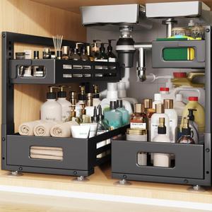 Biboraya 2 Pack 21IN-Depth Under Sink Organizer,Pull Out Cabinet Organizer With Smooth Cylindrical Rail,Metal Slide Out Drawer for Kitchen Bathroom Laundry,8-Level Tool Free Height Adjustable-Black