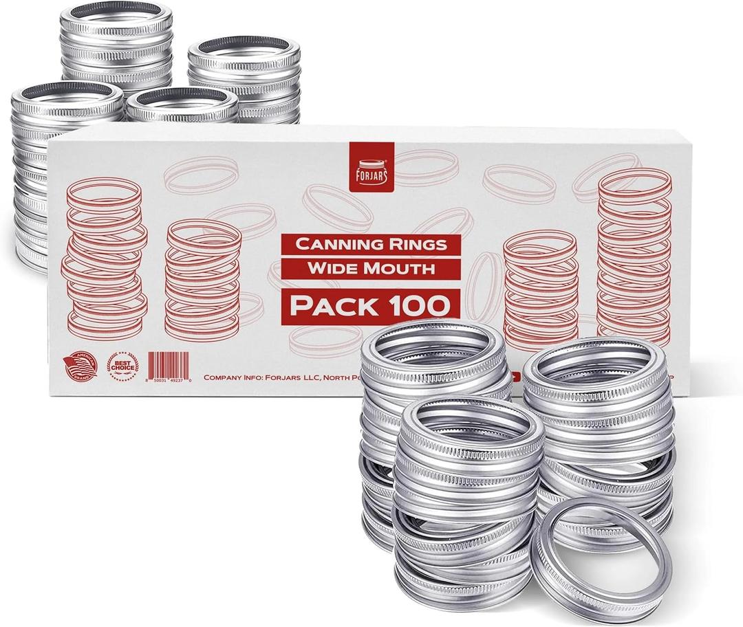 FORJARS - 100 Wide Mouth. Canning Rings are made of stainless steel. 0.5 Inch Height, 100-Piece Set. Wide mouth mason jar rings are secure with an airtight fit.