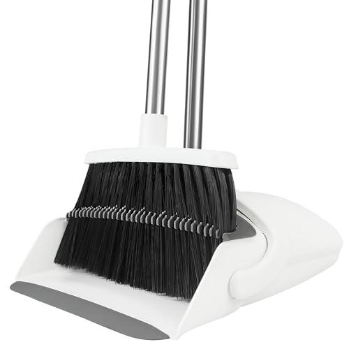 BSKLIN Broom and Dustpan Set, Broom Dustpan Combo Set for Home 52-in Long Adjustable Handle Broom with Dustpan Teeth to Clean Hair for Home Office Kitchen Lobby(White)