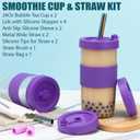 Reusable Glass Mason Jars Cups with Lids and Straws Silicone Sleeves, 2 Pack 24Oz Wide Mouth Smoothie Cups Glass Bubble Tea Cup Leakproof drinking glasses Travel Tumbler for Large Pearl Birthday Gifts