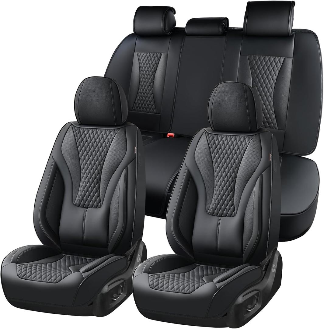 Coverado Waterproof Nappa Leather Car Seat Covers Full Set, 5-Seat Car Seat Protector, Front & Rear Cushions Fit for Most Sedans, SUVs,Trucks，Black
