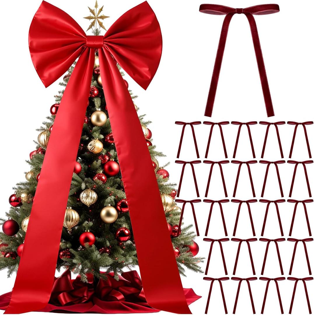 71 x 20 Inch Giant Red Bow Christmas Tree Topper with 24 Pcs Velvet Christmas Bow Extra Large Xmas Tree Topper Decor for Holiday and Home Wreath Wall Backdrop Decor
