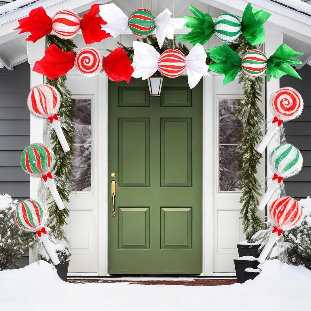 Thyle 12 Pcs Christmas Candy Paper Lanterns 8 Inch Red Green White Lollipop Peppermint Candy Canes Lanterns DIY Xmas Hanging Paper Decorative for Xmas Holiday Indoor Outdoor Supplies