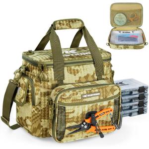 KastKing BaitSpace Fishing Tackle Bag With 4 Tackle Boxes & Removable Bait Binder, Water-Resistant Tackle Storage, Durable Fishing Gear, Adjustable Shoulder Strap (Medium - 4*3600 Trays, B: Khaki Camo)