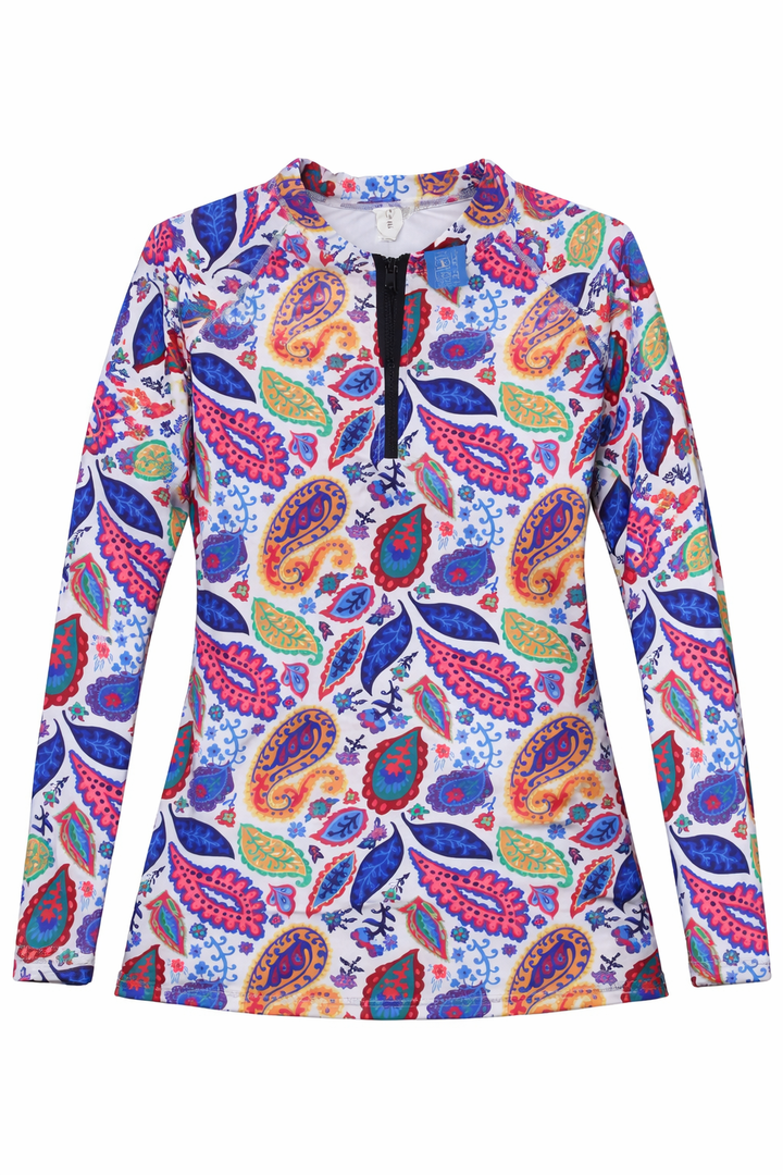 Halcurt Women Plus Size Long Sleeve Rash Guard with Bra Pockets Half Zip Swim Shirt Side Drawstring Adjustable UPF50 Swimsuit Top Leaf Shirt 2X 