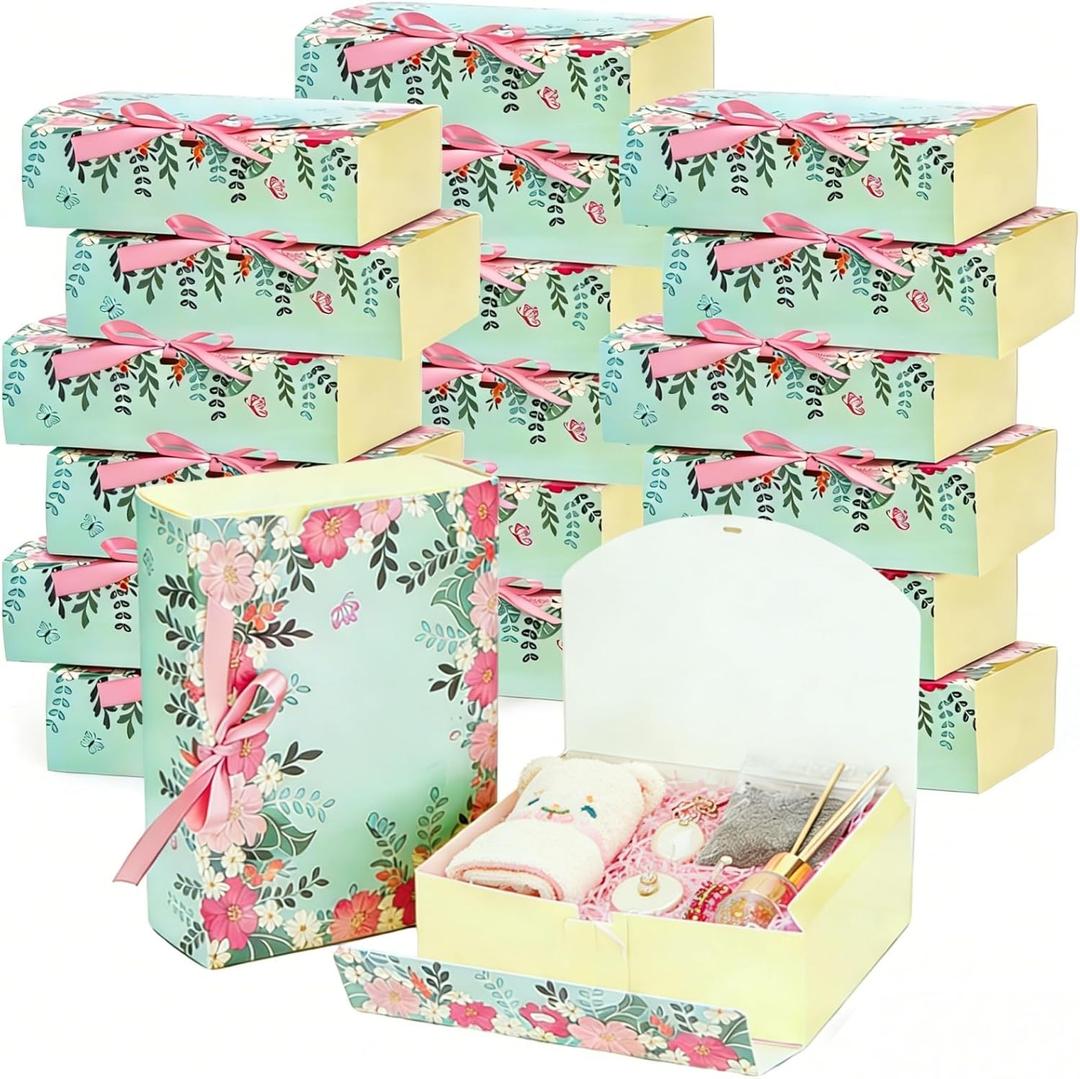 ZAVOOS 20 Pack Gift Boxes with Lids, 10.6 x 7.8 x 3.1 Inch Paper Floral Bridesmaid Proposal Box with Ribbon, Large Decorative Treat Boxes for Presents, Wedding, Mother's Day, Assembly Required
