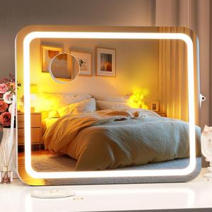 Hasipu Vanity Mirror with Lights, 15" x 13" LED Makeup Mirror, 3 Modes Light, Smart Touch Control Dimmable, 360Rotation, Rectangle White Frame, with 5X Magnifying Glass
