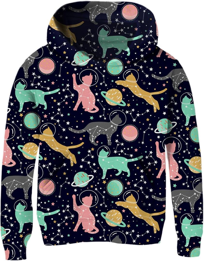 Ahegao Blue Galaxy Hoodies for Girls Novelty Black Cats Sweatshirts Sweater Size 6 7 8 Kids Soft Hoodys Big Girl Graphics Pullover Tops