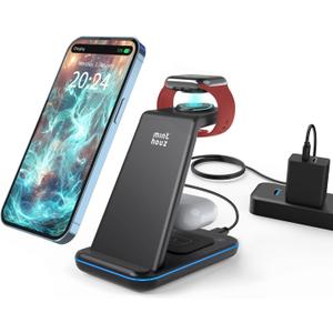 Minthouz Wireless Charger, 3 in 1 Fast Wireless Charging Station with 20W Adapter for Multiple Devices Apple Watch, AirPods, Wireless Charger Stand Compatible with iPhone 14/13/12/11 Series