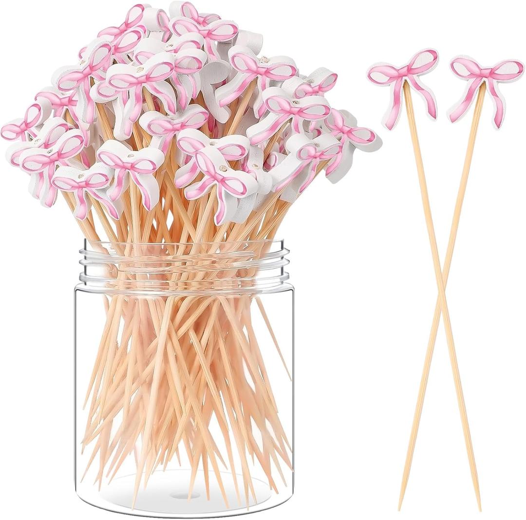 Chengu 200 Pcs Pink Bow Cocktail Picks Swizzle Stick Toothpicks 4.72 Inch Long Bamboo Cute Toothpicks for Appetizers Cupcake Drinks Coquette Birthday Bridal Wedding Baby Shower Bow Party Decoration