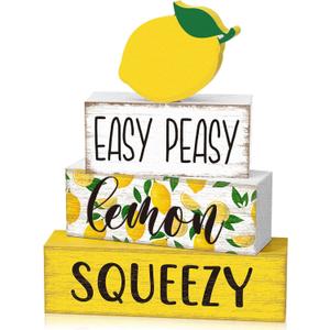 Yousoontic 4 Pcs Summer Lemon Table Decor Easy Peasy Lemon Squeezy Wooden Block Signs Farmhouse Tiered Tray Decor Rustic Table Centerpieces Summer Decorations for Home Desk Shelf Mantle Office