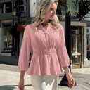 ZESICA Women's 2026 Fall Babydoll Peplum Tops V Neck Puff 3/4 Length Sleeve Shirts Dressy Casual Blouses (Pink, S)