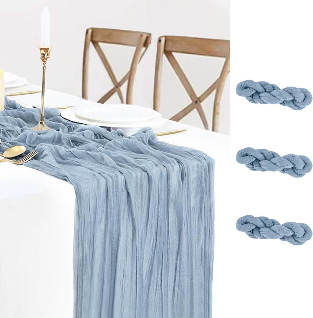 3 Pack Dusty Blue Cheesecloth Table Runner, 35inch Boho Gauze Table Runner 120 inches Long Farmhouse Rustic Sheer Cheese Cloth Fabric Bulk for Baby Shower Wedding Bridal Birthday Party Decor (10ft x 3pcs)