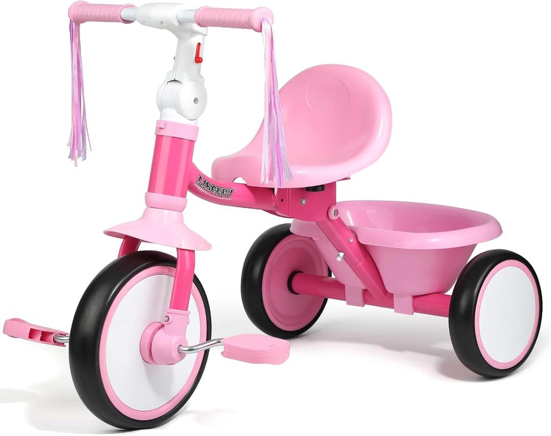 Liberry Foldable Toddler Tricycle Age 2 3 4 Years Old, Kids Trike with Adjustable Seat, Basket & Streamers, 3 Wheel Bike Riding Toy Birthday Gift for Girls Boys, Pink