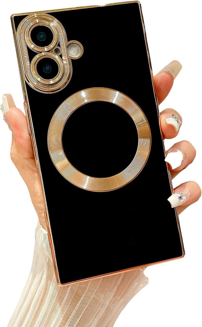 Owncase Magnetic for iPhone 16 Case, (Compatible with MagSafe) (Full Camera Lens Protection) (Reinforced Corners) Shockproof Soft TPU Electroplate Edge Bumper Case for Women, Black