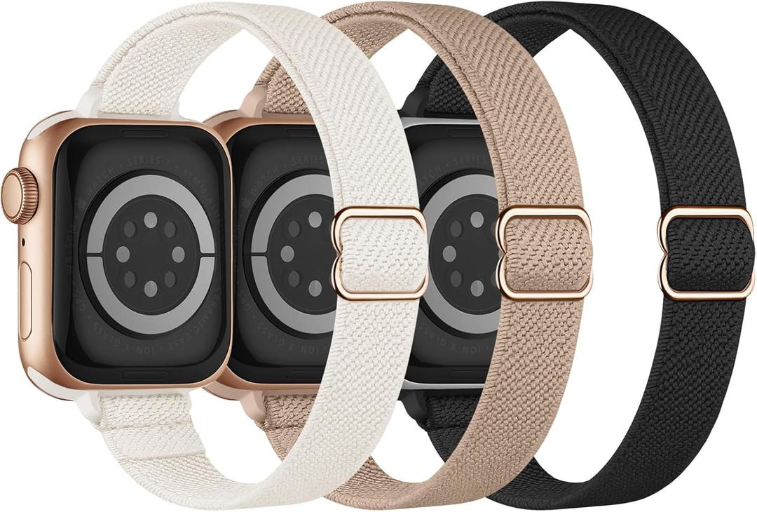Slim Stretchy Band Compatible with Apple Watch Bands 40mm 41mm 42mm 38mm 44mm 45mm 46mm 49mm Women Men, Thin Skinny Elastic Nylon Solo Loop Strap for iWatch Series 10 9 8 7 6 5 4 3 11 Ultra SE 2/3 (BlackRoseGold/MilkTea/Starlight)