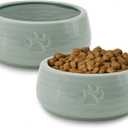 Ceramic Dog Bowls Set of 2, 6.3" Round x 2.4"-Tall Pet Bowls, Cute Food and Water Puppy Bowl, Cat Dish Protect Cervical Spine, for Small Medium Dogs and Cats, Green
