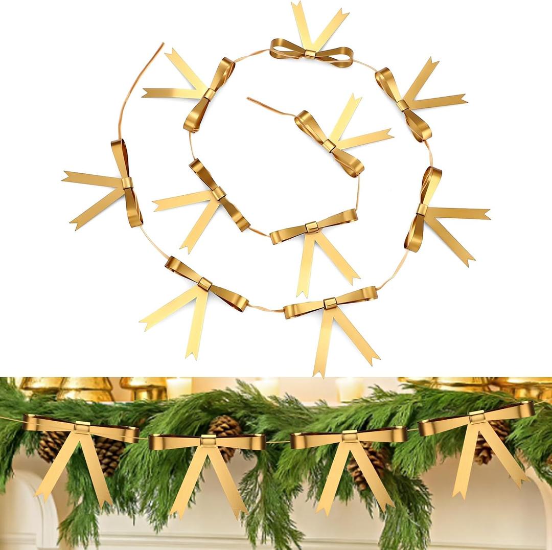 Shimeyao Christmas Gold Bow Garland 3.94 x 3.94 Inches Metal Bow Christmas Tree Decorations Gold Brass Garland Wreath Indoor Outdoor Decor for Xmas Tree Fireplace Staircase
