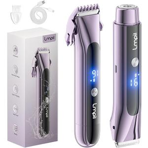 Bikini Trimmer for Women, 2-in-1 Electric Razor with Dual Heads, Ceramic Blade, Waterproof & Rechargeable, Painless Pubic Hair Shaver for Bikini, Underarm, Legs, Face - MutedPurple