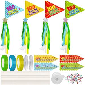 Cinrobiye 32 Pcs 100 Days of School Flag Craft Kit DIY 100th Day of School Making with Sign Photo Prop with Ribbons Stars and Stick for Preschool Kindergarten Welcome Classroom Activities Decoration
