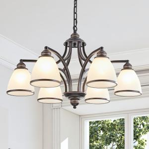 6-Light Chandeliers for Dining Room with Frosted Glass Black and Gold Strokes Modern 30Ceiling Hanging Light Fixtures Classic Pendant Lighting for Kitchen, Island, Dining Table, Adjustable Height