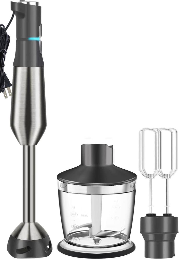 Immersion Blender RPM 1600010% Scratch Resistant Hand Blender,15 Speed and Turbo Mode Hand Mixer, 3-in-1 Heavy Duty Copper Motor Stainless Steel Smart Stick with Egg Beaters and Chopper (Grey)