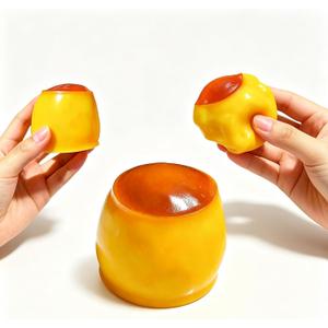 Caramel Pudding Squishy Stress Ball Crunchy Bead Filled Non Rebound Handmade Taba ASMR Anxiety Relief for Adults Party Favor Squeeze Toy, Soft Sticky Silicone Dessert with Realistic Food Look