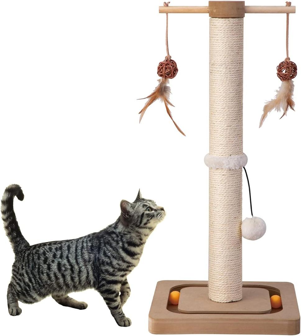 PEEKAB Cat Scratching Post Premium Sisal Scratch Posts with Tracking Interactive Toys Vertical Scratcher for Indoor Cats and Kittens- 25 inches Beige (25in Cat Scratching Post)