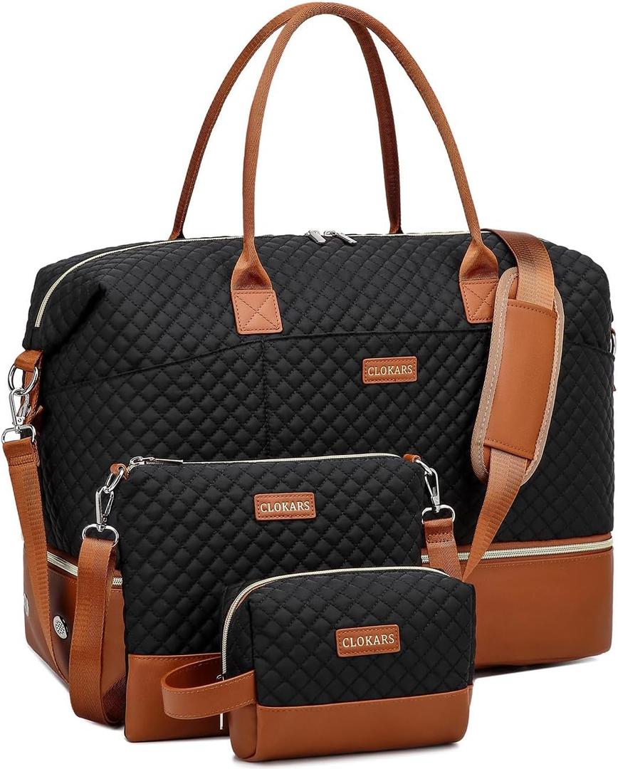 Travel Bag for Women, Weekender Bags Large Carry On Overnight Bag Duffel with Separate Shoes Compartment & Strap, Hospital Bags for Labor and Delivery, Black Brown (Medium)