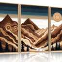 BICERE Large Abstract Mountain Woodcut Framed Canvas Wall Art, Modern Tree Ring Wall Decor, Sunrise Ridge Scenery Painting, Retro Desert Artwork for Living Room, Bedroom, Dining Room, Office -24"x36"x3