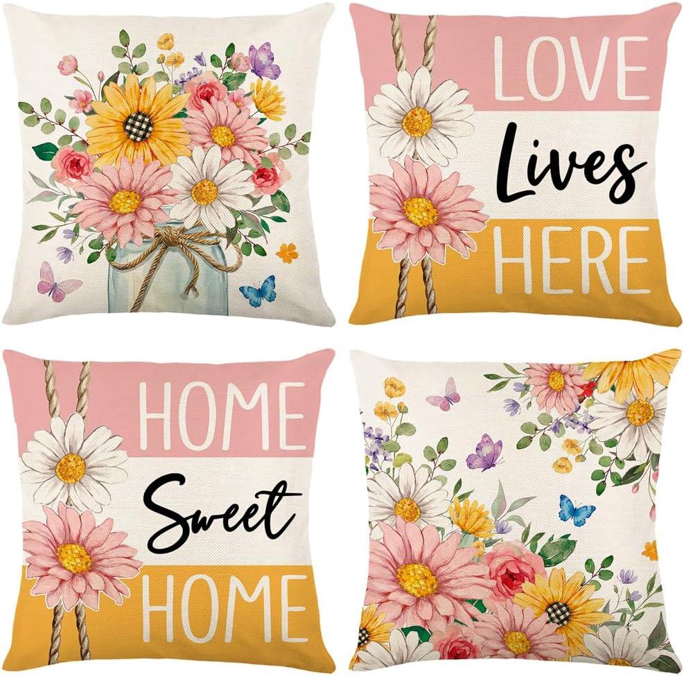wyooxoo Farmhouse Pillow Covers 18x18 Set of 4 Spring Throw Pillow Covers Floral Decorative Cushion Cases for Sofa Couch Living Room Outdoor Home Decor