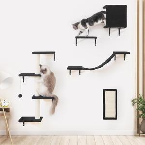 Modern Wall-Mounted Cat Furniture - 5pcs Cat Wall Shelves, Wooden Climber Includes House, Bridge, Tree, Steps, and Scratcher (Black)