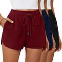 Riyiper 3 Pack Women's Waffle Knit Shorts Cotton Drawstring Lounge Summer Comfy Casual Shorts with Pockets (Medium, Black, Navy Blue, Red)