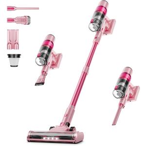 Cordless Vacuum Cleaner: Portable 6-in-1 Stick Vacuum with Anti-Tangle Brush, LED Headlight, Self-Standing, HD Display, Rechargeable Vacuum for Pet Hair, Low-Pile Carpet and Hardwood Floor-Dark Pink