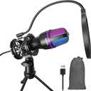 Gaming USB Microphone for PC - Beginner Online Chat Condenser Mic, RGB Computer Mic with Tripod, Pop Filter, for Streaming Podcast, Conference Call, PS4/5 PC Gamer YouTube and Skype